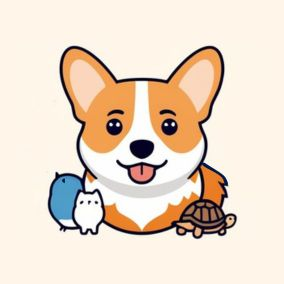A smiling corgi with a little bird, cat and turtle